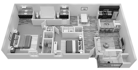 Floor plan for 2 beds, 1.5 baths, 968 sqft